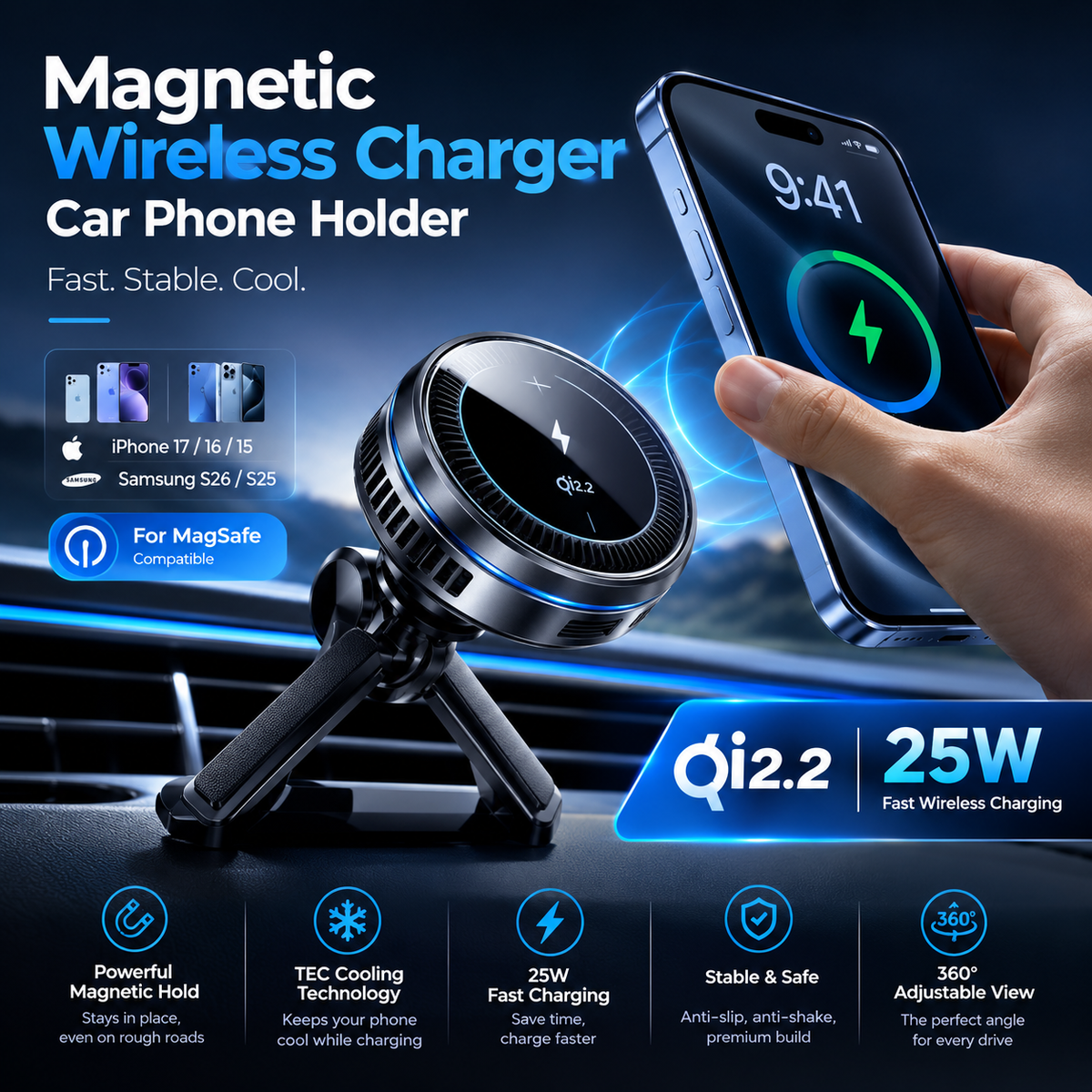 Magnetic Wireless Car Charger & Phone Mount